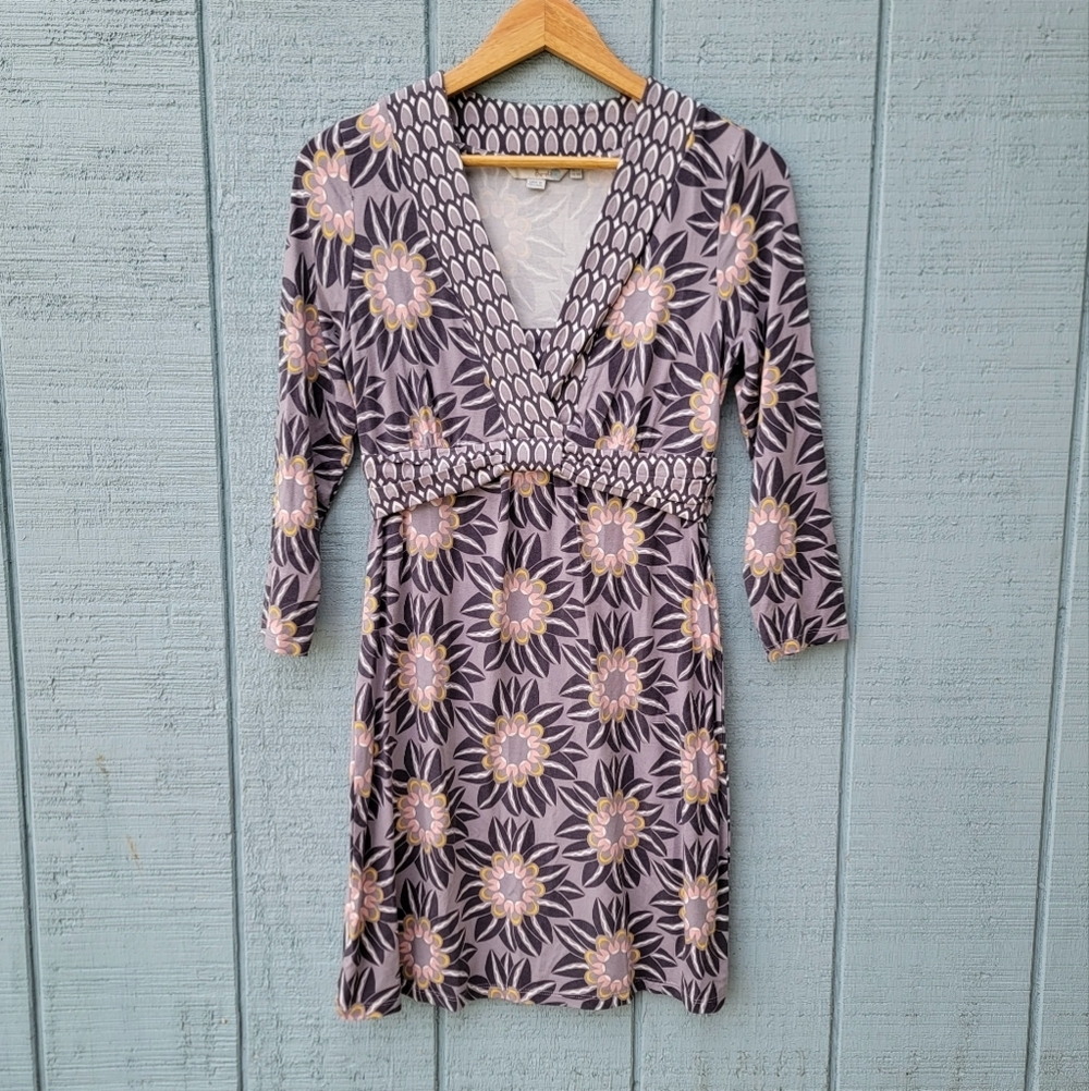 Boden Empire Waist Jersey Stretch Sunflower Floral Dress sz 8R Gray/Purple